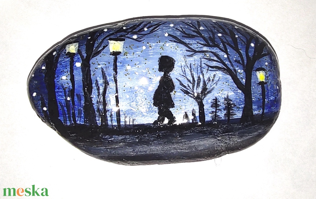 Kézzel festett gyerek sziluett a téli hóesésben - kavics - otthon & életmód - dekoráció - asztal és polc dekoráció - kavics & kő - Meska.hu