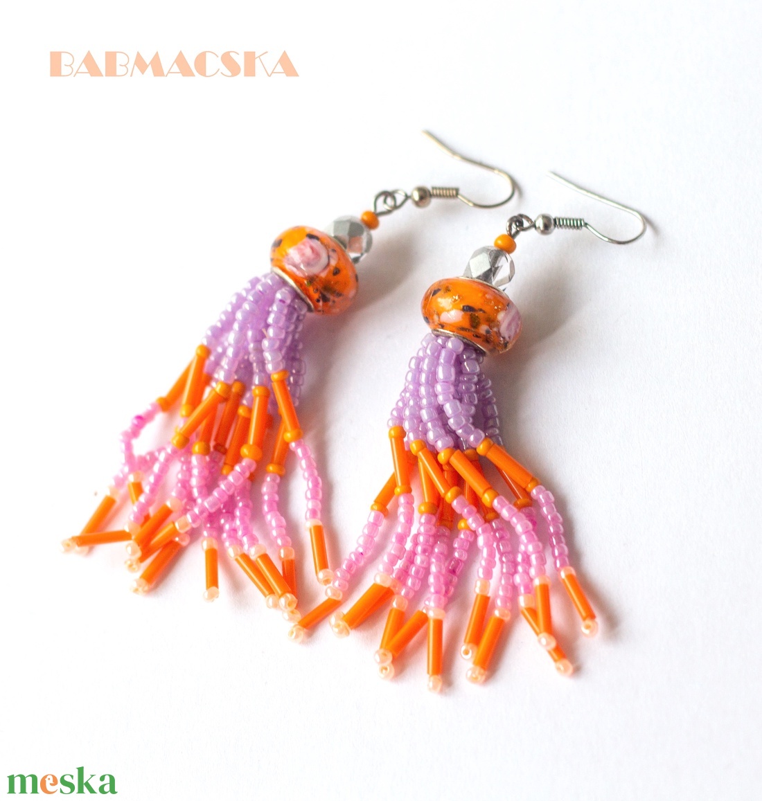 Narancs és málna fürtüs gyöngy fülbevaló  - ékszer - fülbevaló - rojtos fülbevaló - Meska.hu