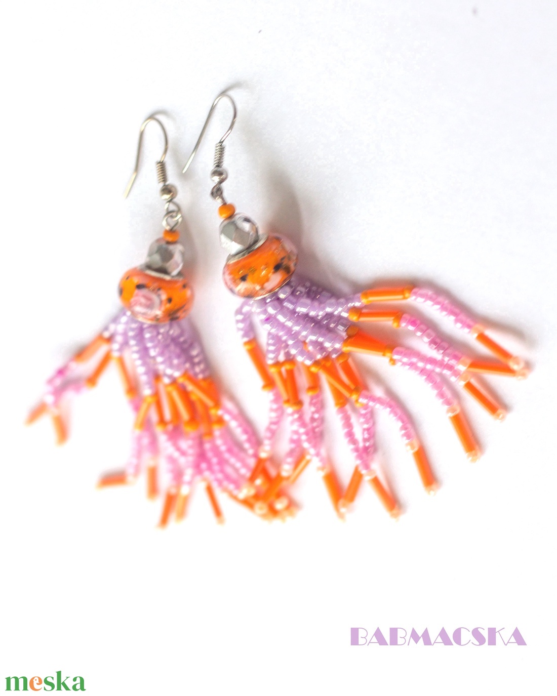 Narancs és málna fürtüs gyöngy fülbevaló  - ékszer - fülbevaló - rojtos fülbevaló - Meska.hu