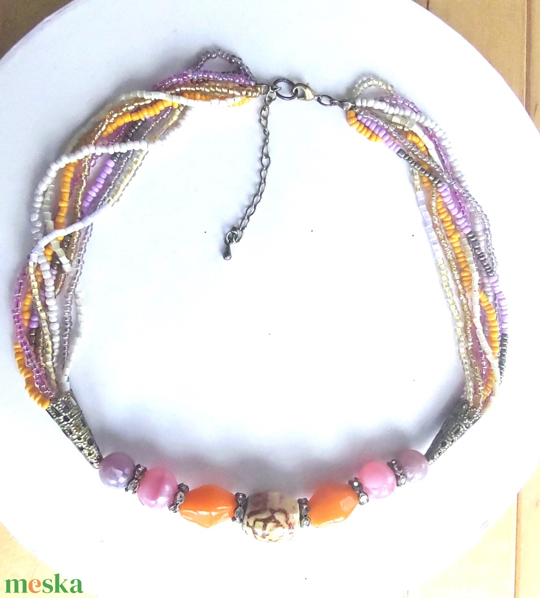 8 soros rózsaszín és narancssárga tarka gyöngy nyaklánc - kézzel festett kerámia gyönggyel a közepén  - ékszer - nyaklánc - gyöngyös nyaklánc - Meska.hu