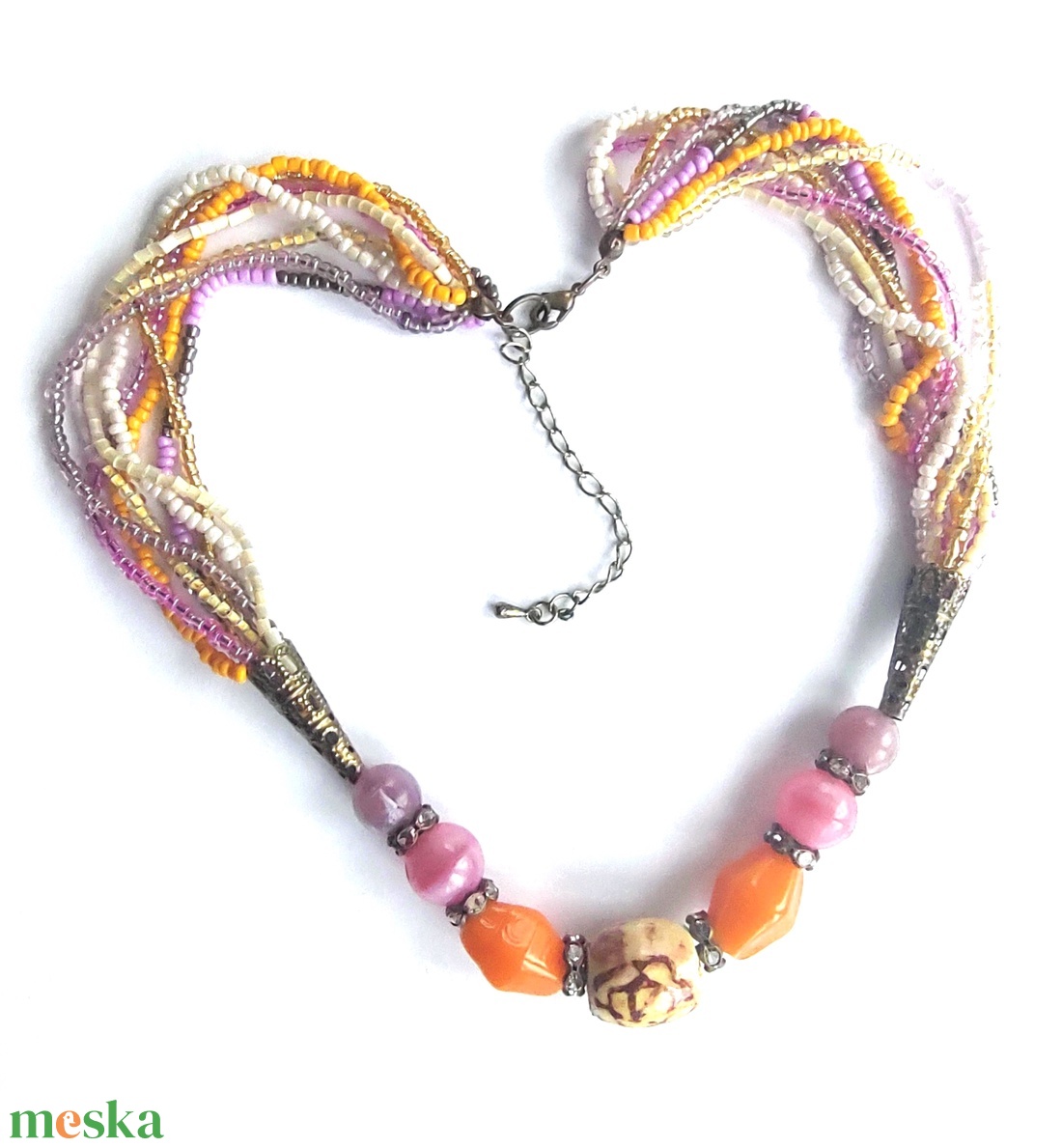 8 soros rózsaszín és narancssárga tarka gyöngy nyaklánc - kézzel festett kerámia gyönggyel a közepén  - ékszer - nyaklánc - gyöngyös nyaklánc - Meska.hu