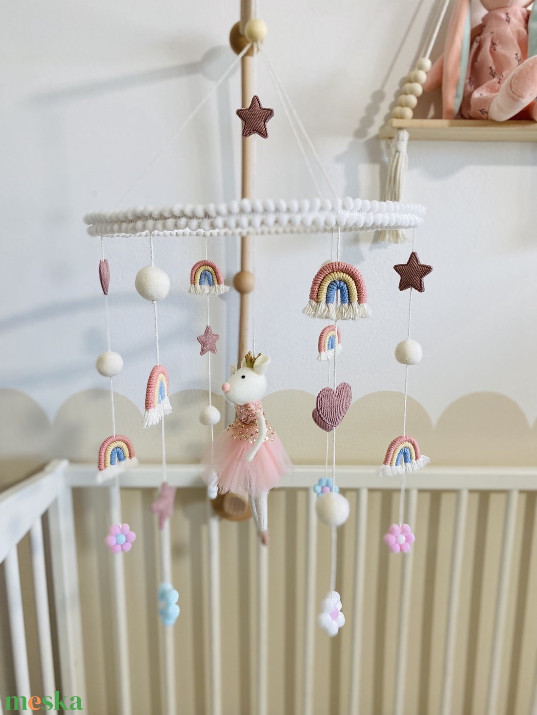 Pastell Dream Baba kiságyforgó balerina egérkével - Balerinás babaforgó makramé szivárványokkal, pasztell kiságyforgó  - otthon & életmód - babaszoba, gyerekszoba - babaszoba dekoráció - Meska.hu