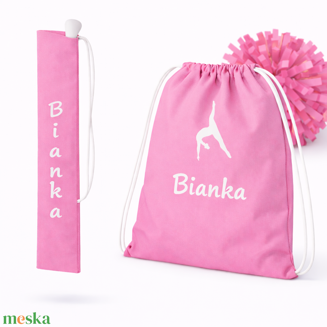 Mazsorett bottartó és pompom táska szett (rózsaszín) - névvel és logóval is kérhető - táska & tok - hátizsák - tornazsák, gymbag - Meska.hu