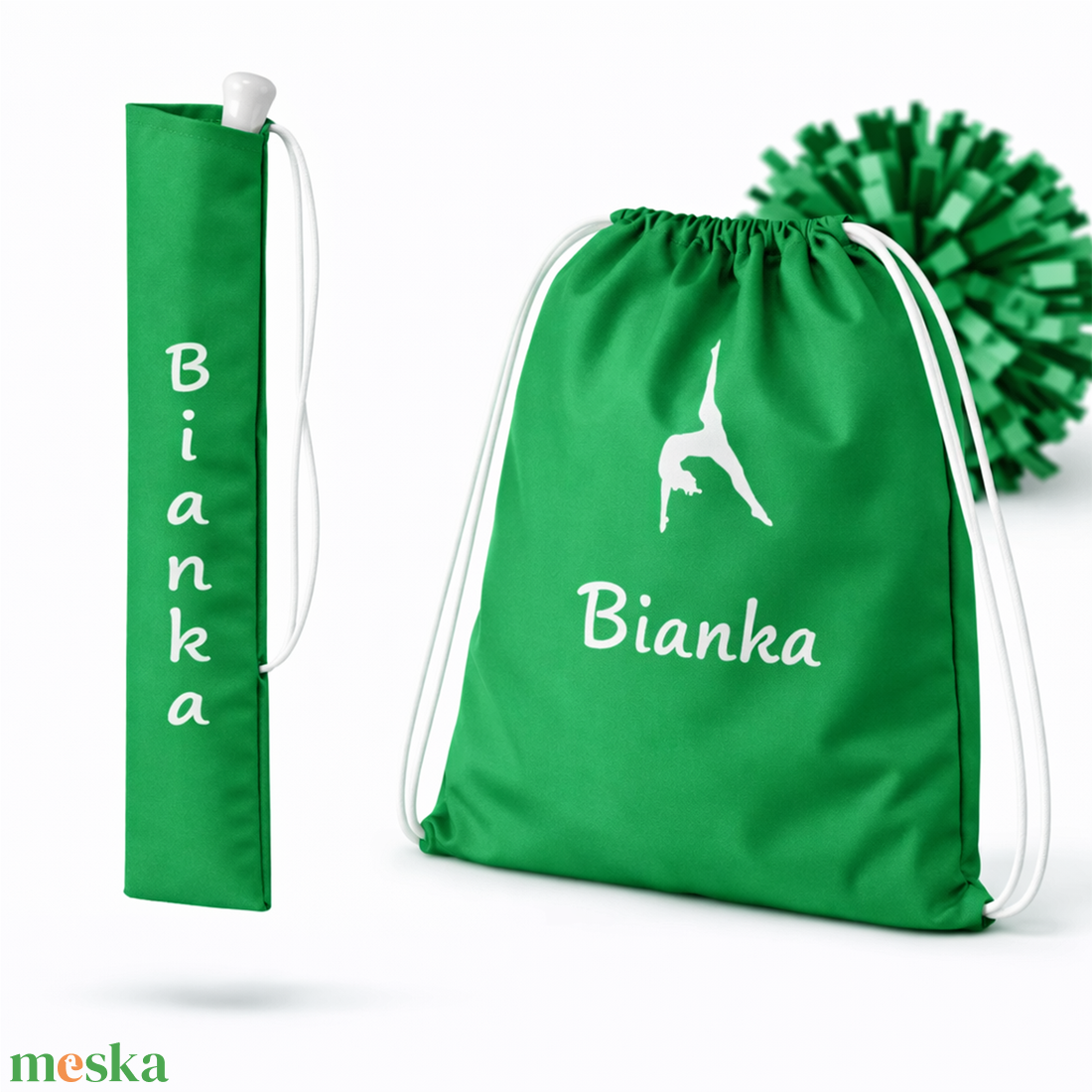 Mazsorett bottartó és pompom táska szett (zöld) - névvel és logóval is kérhető - táska & tok - hátizsák - tornazsák, gymbag - Meska.hu