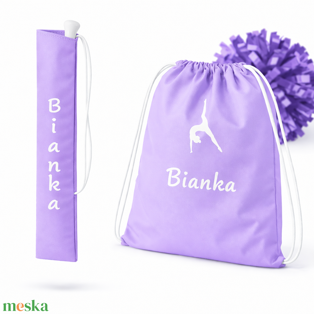 Mazsorett bottartó és pompom táska szett (világoslila) - névvel és logóval is kérhető - táska & tok - hátizsák - tornazsák, gymbag - Meska.hu