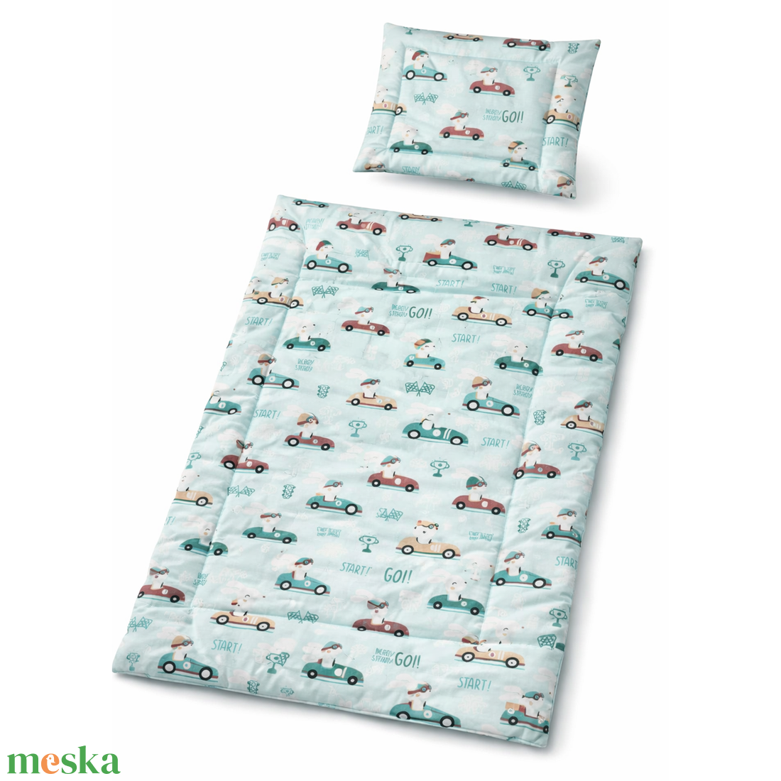 Zöld autós-nyuszis babaágynemű szett (takaró + párna) - baba - mama - baba ágynemű - szett kiságyba - Meska.hu