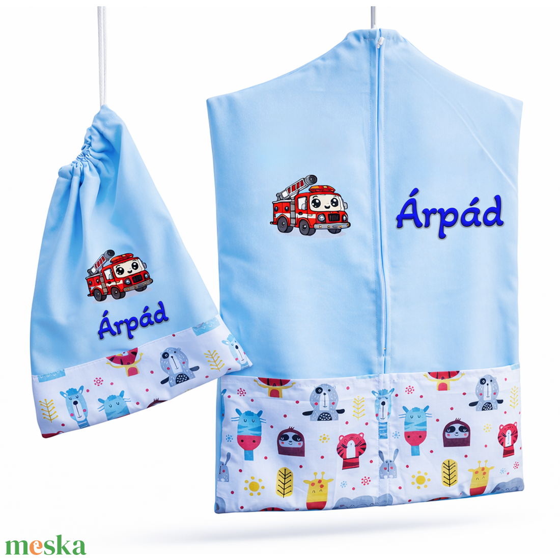 Ovis zsák + tornazsák szett névvel és jellel (kék + állatfejes), ajándék szeretetküldővel - játék & sport - ovis felszerelés - ovis szett - Meska.hu