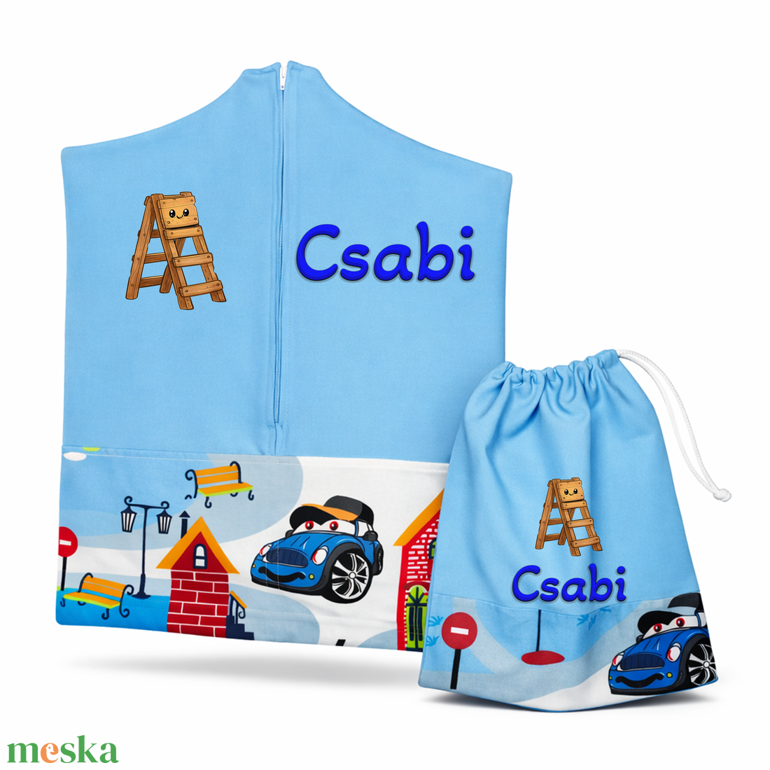 Ovis zsák + tornazsák szett névvel és jellel (kék + autós-házikós), ajándék szeretetküldővel - játék & sport - ovis felszerelés - ovis szett - Meska.hu