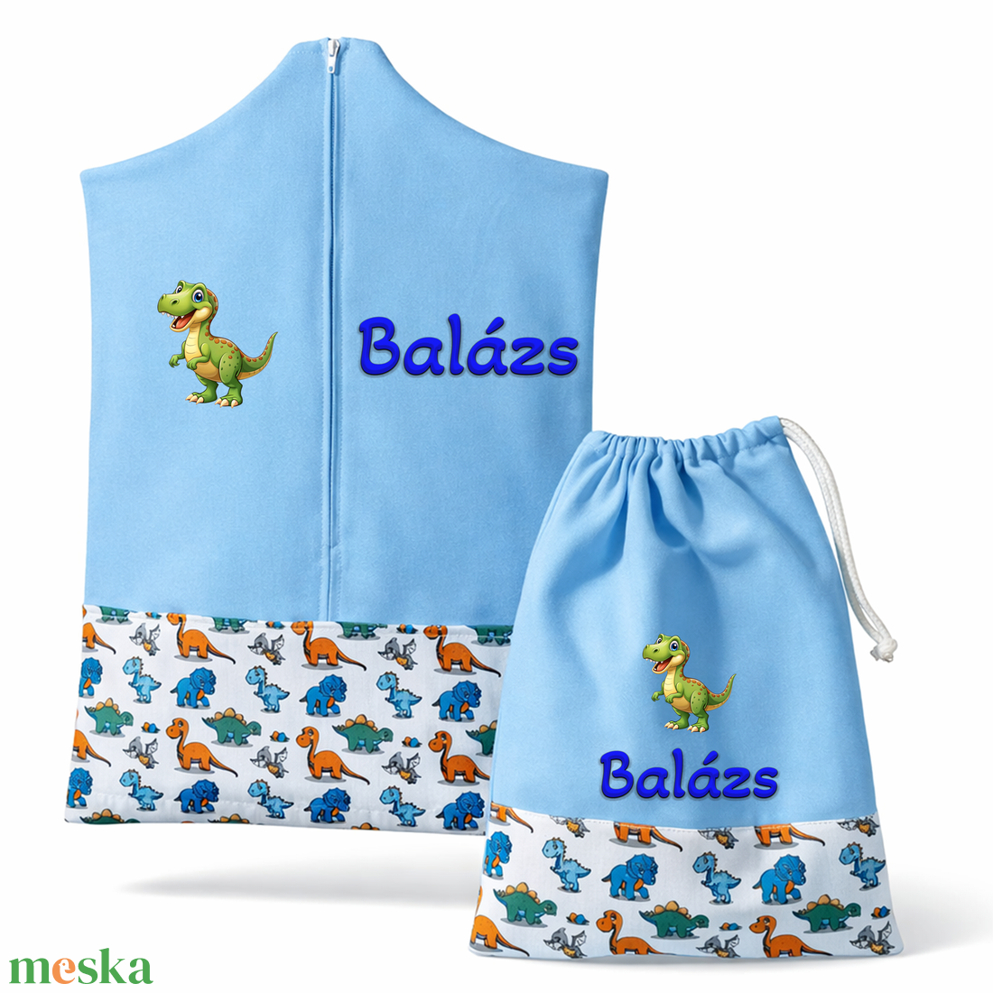 Ovis zsák + tornazsák szett névvel és jellel (kék + dínós), ajándék szeretetküldővel - játék & sport - ovis felszerelés - ovis szett - Meska.hu