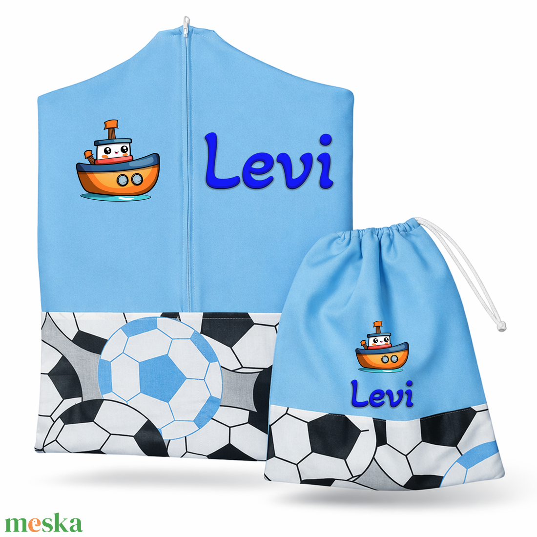 Ovis zsák + tornazsák szett névvel és jellel (kék + focis), ajándék szeretetküldővel - játék & sport - ovis felszerelés - ovis szett - Meska.hu