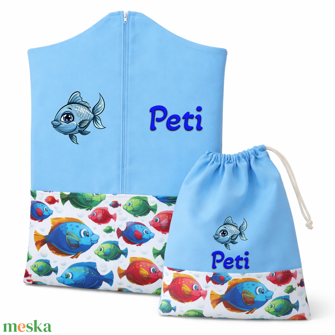Ovis zsák + tornazsák szett névvel és jellel (kék + halacskás), ajándék szeretetküldővel - játék & sport - ovis felszerelés - ovis szett - Meska.hu