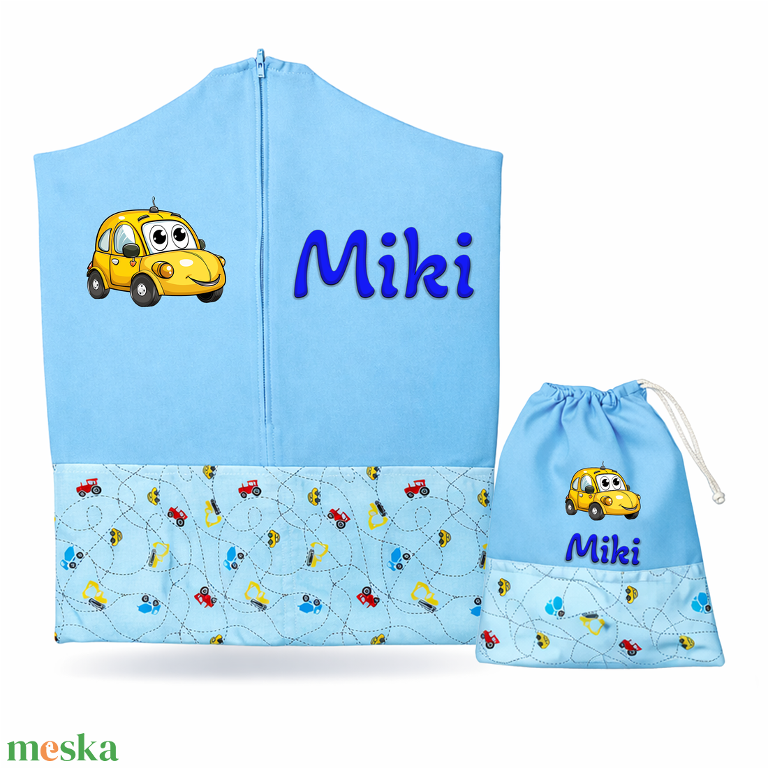 Ovis zsák + tornazsák szett névvel és jellel (kék + kanyargó autós-járműves), ajándék szeretetküldővel - játék & sport - ovis felszerelés - ovis szett - Meska.hu