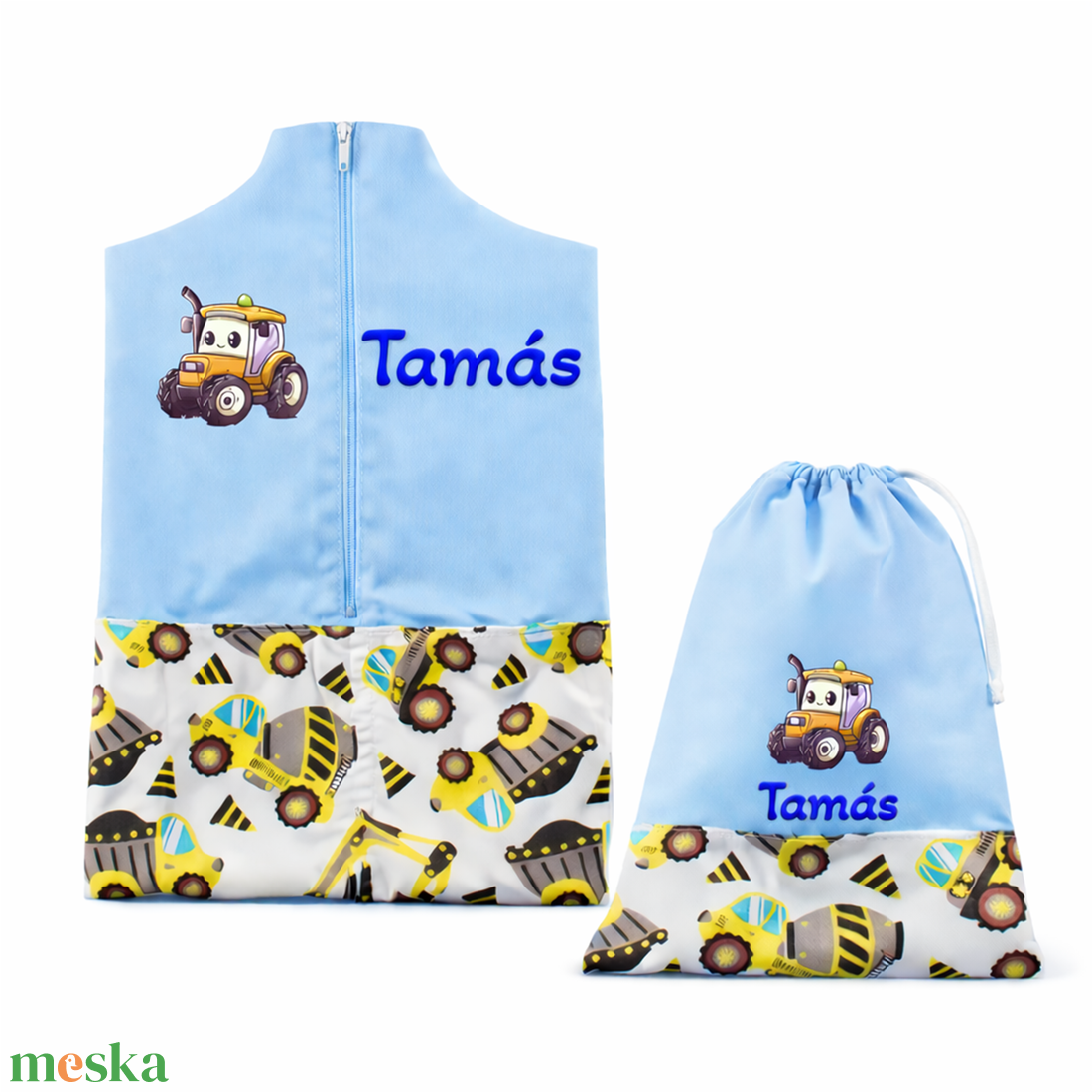 Ovis zsák + tornazsák szett névvel és jellel (kék + sárga dömperes-betonkeverős), ajándék szeretetküldővel - játék & sport - ovis felszerelés - ovis szett - Meska.hu