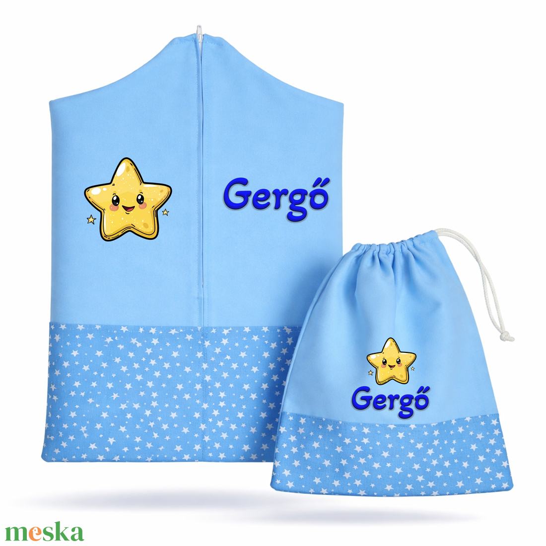 Ovis zsák + tornazsák szett névvel és jellel (kék + csillagos), ajándék szeretetküldővel - játék & sport - ovis felszerelés - ovis szett - Meska.hu
