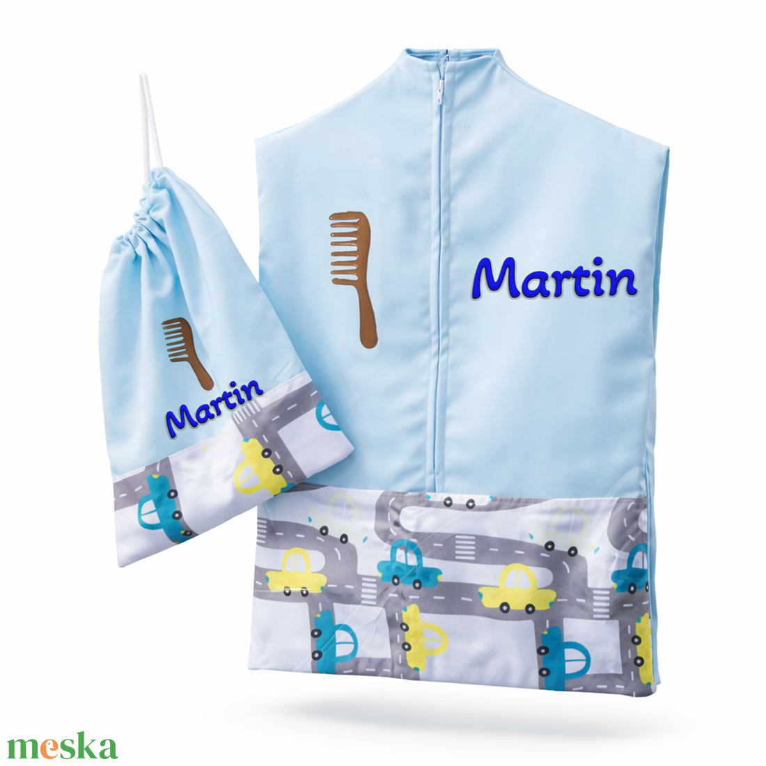 Ovis zsák + tornazsák szett névvel és jellel (kék + kék-sárga autós), ajándék szeretetküldővel - játék & sport - ovis felszerelés - ovis szett - Meska.hu