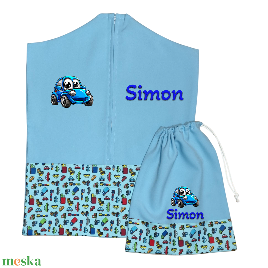Ovis zsák + tornazsák szett névvel és jellel (kék + kisautós), ajándék szeretetküldővel - játék & sport - ovis felszerelés - ovis szett - Meska.hu