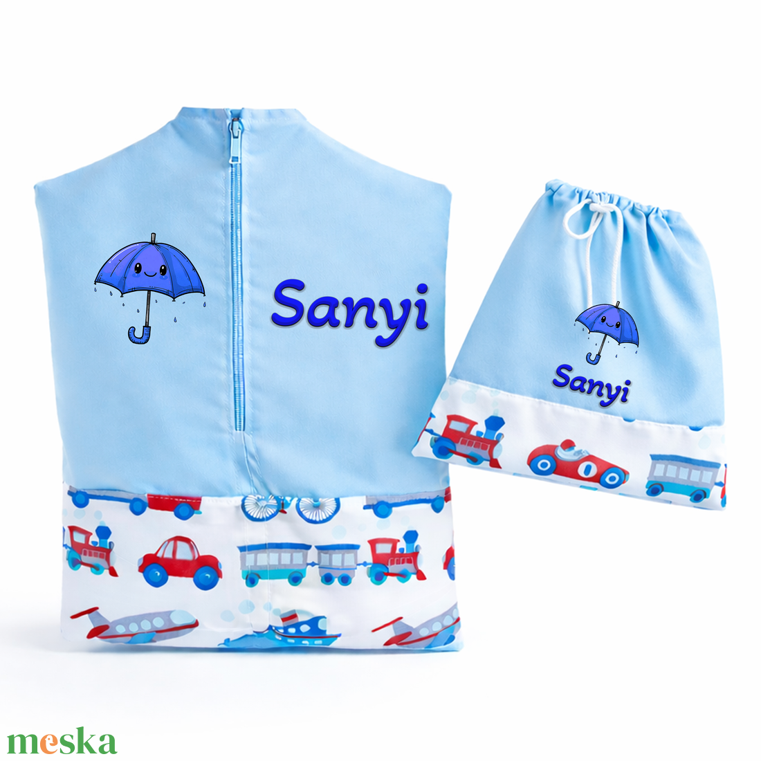 Ovis zsák + tornazsák szett névvel és jellel (kék + kisvonatos-repülős), ajándék szeretetküldővel - játék & sport - ovis felszerelés - ovis szett - Meska.hu