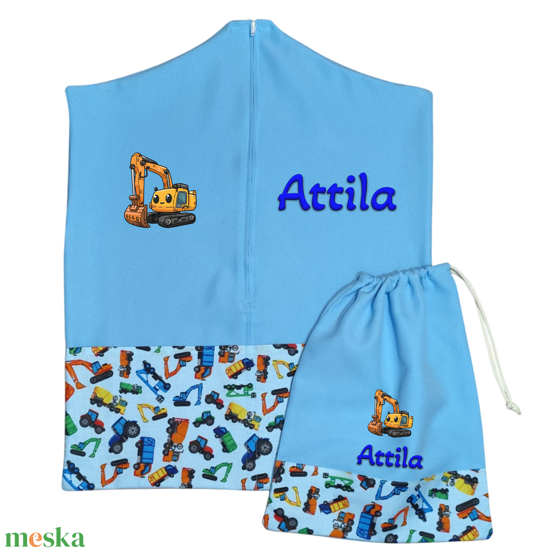 Ovis zsák + tornazsák szett névvel és jellel (kék + munkagépes), ajándék szeretetküldővel - játék & sport - ovis felszerelés - ovis szett - Meska.hu