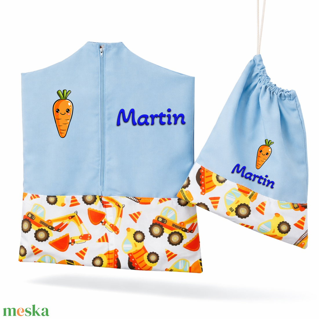 Ovis zsák + tornazsák szett névvel és jellel (kék + narancssárga dömperes-betonkeverős), ajándék szeretetküldővel - játék & sport - ovis felszerelés - ovis szett - Meska.hu