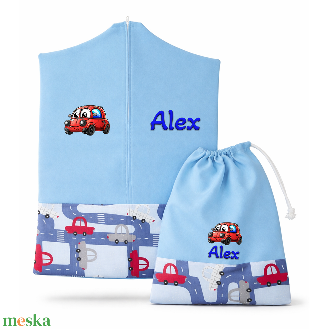 Ovis zsák + tornazsák szett névvel és jellel (kék + piros és szürke autós), ajándék szeretetküldővel - játék & sport - ovis felszerelés - ovis szett - Meska.hu