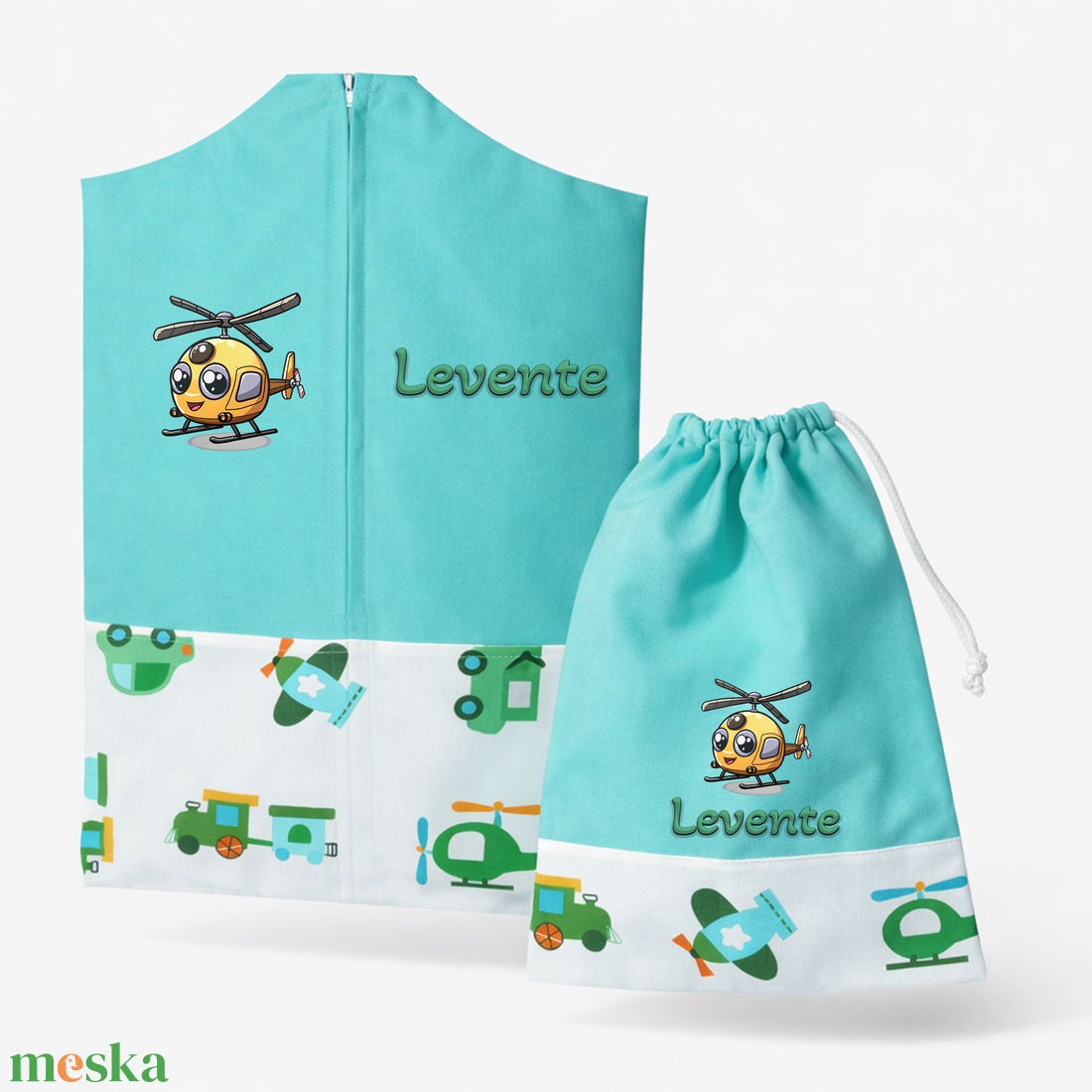 Ovis zsák + tornazsák szett névvel és jellel (mentazöld + repülős-vonatos-autós), ajándék szeretetküldővel - játék & sport - ovis felszerelés - ovis szett - Meska.hu