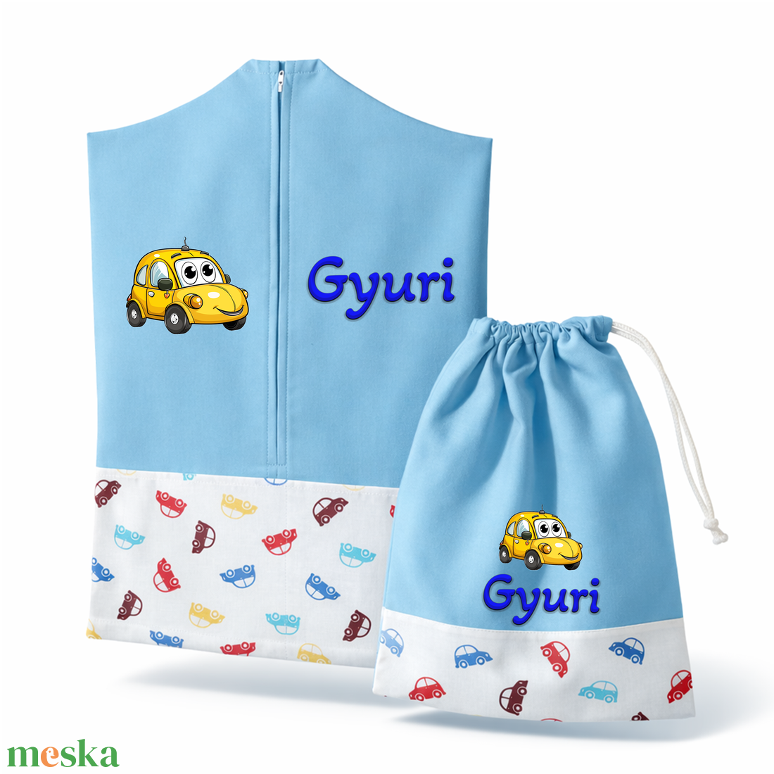 Ovis zsák + tornazsák szett névvel és jellel (kék + retró kisautós), ajándék szeretetküldővel - játék & sport - ovis felszerelés - ovis szett - Meska.hu
