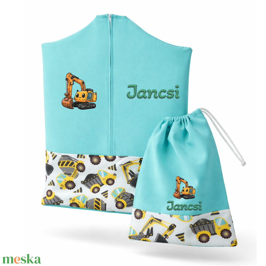 Ovis zsák + tornazsák szett névvel és jellel (kék + sárga dömperes-betonkeverős), ajándék szeretetküldővel - játék & sport - ovis felszerelés - ovis szett - Meska.hu