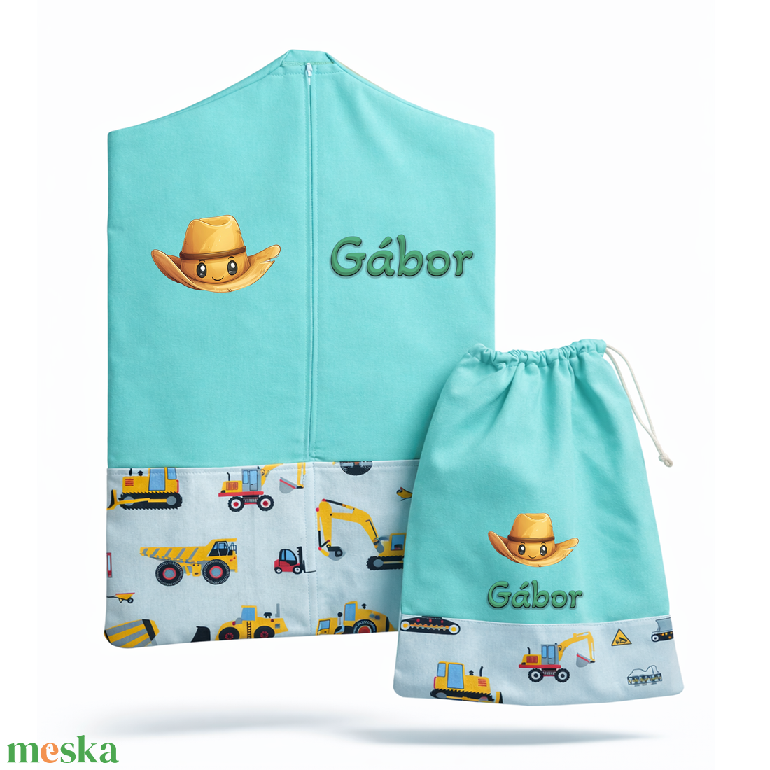 Ovis zsák + tornazsák szett névvel és jellel (mentazöld + sárga munkagépes), ajándék szeretetküldővel - játék & sport - ovis felszerelés - ovis szett - Meska.hu