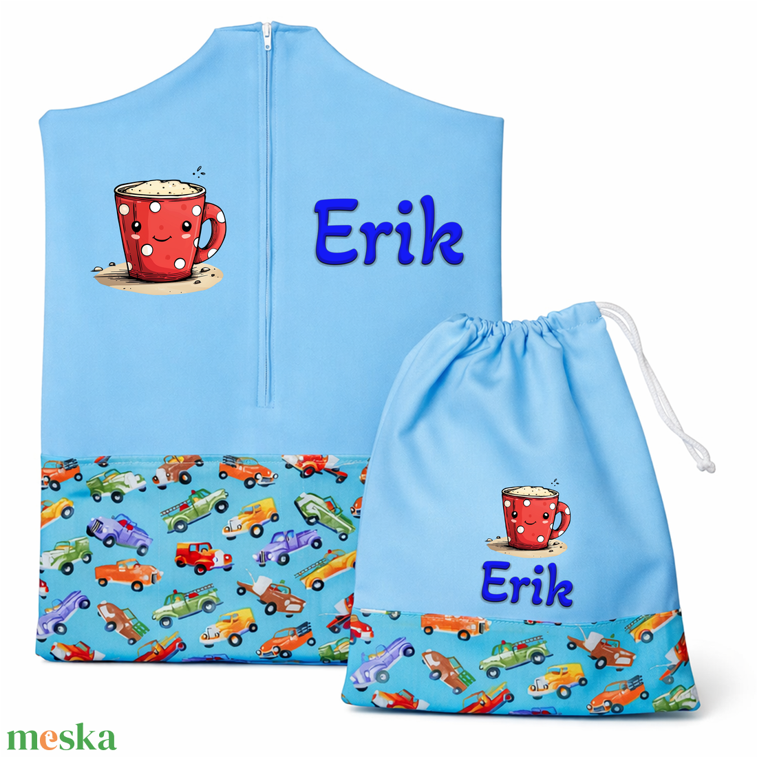 Ovis zsák + tornazsák szett névvel és jellel (kék + színes autós), ajándék szeretetküldővel - játék & sport - ovis felszerelés - ovis szett - Meska.hu