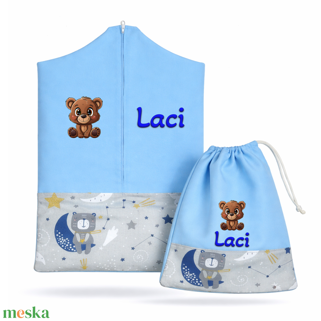 Ovis zsák + tornazsák szett névvel és jellel (kék + szürke macis-holdas), ajándék szeretetküldővel - játék & sport - ovis felszerelés - ovis szett - Meska.hu