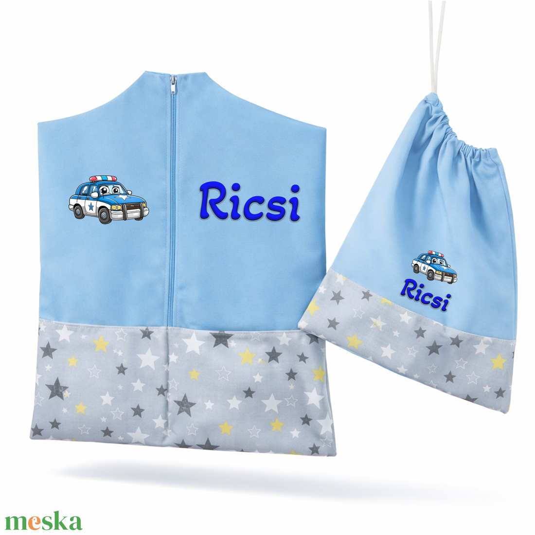 Ovis zsák + tornazsák szett névvel és jellel (kék + szürke-sárga csillagos), ajándék szeretetküldővel - játék & sport - ovis felszerelés - ovis szett - Meska.hu