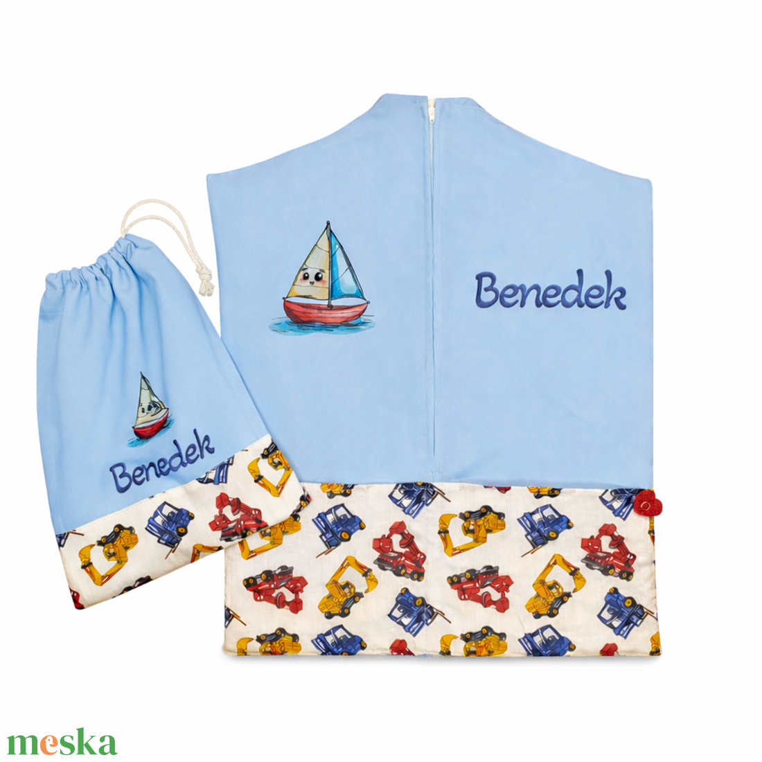 Ovis zsák + tornazsák szett névvel és jellel (kék + targoncás-darus), ajándék szeretetküldővel - játék & sport - ovis felszerelés - ovis szett - Meska.hu