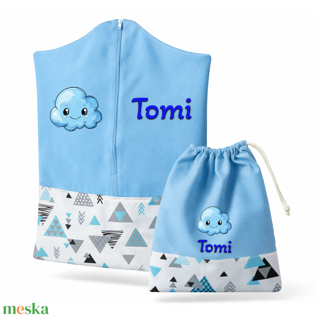 Ovis zsák + tornazsák szett névvel és jellel (kék + türkiz háromszöges), ajándék szeretetküldővel - játék & sport - ovis felszerelés - ovis szett - Meska.hu