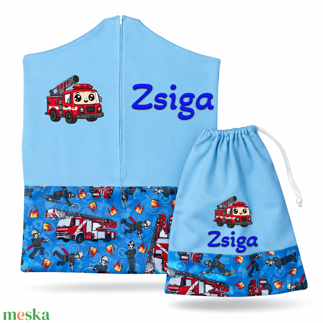 Ovis zsák + tornazsák szett névvel és jellel (kék + tűzoltós), ajándék szeretetküldővel - játék & sport - ovis felszerelés - ovis szett - Meska.hu