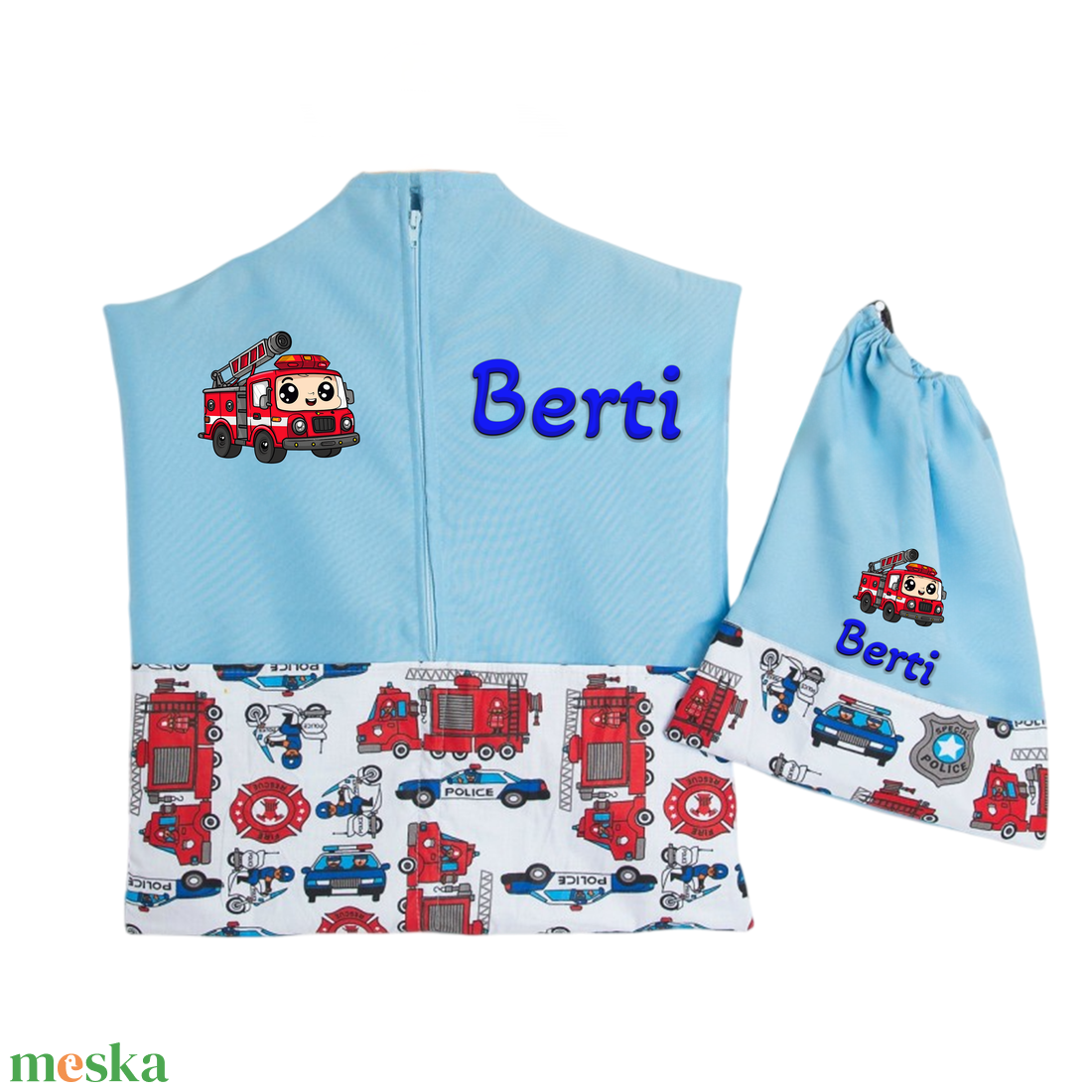 Ovis zsák + tornazsák szett névvel és jellel (kék + tűzoltós-rendőrös), ajándék szeretetküldővel - játék & sport - ovis felszerelés - ovis szett - Meska.hu