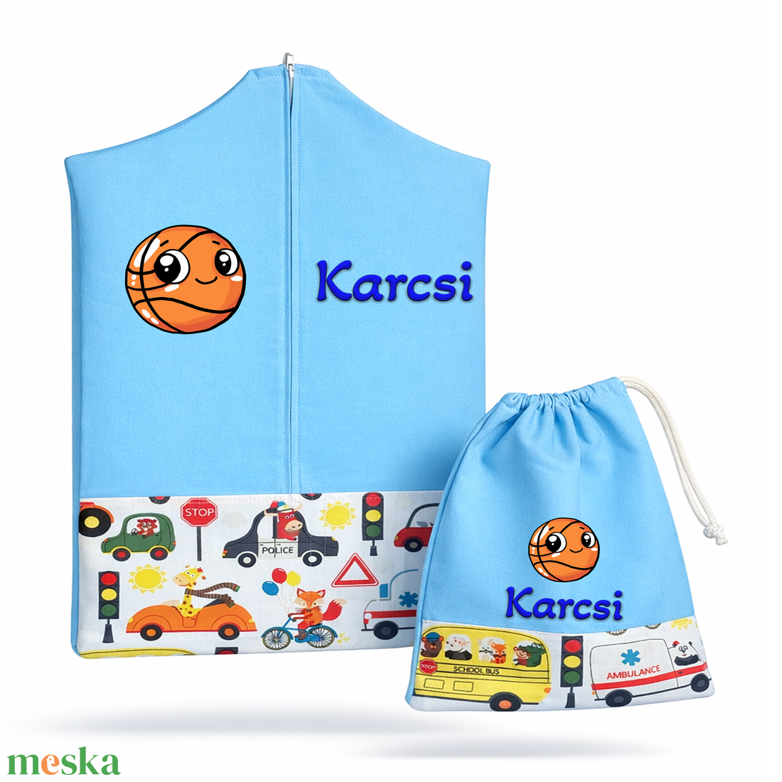 Ovis zsák + tornazsák szett névvel és jellel (kék + utazó állatok), ajándék szeretetküldővel - játék & sport - ovis felszerelés - ovis szett - Meska.hu