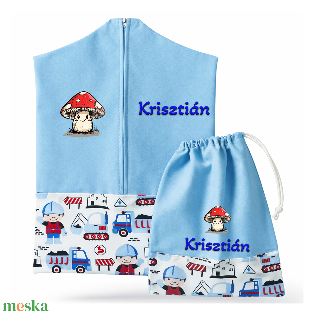 Ovis zsák + tornazsák szett névvel és jellel (kék + útépítős), ajándék szeretetküldővel - játék & sport - ovis felszerelés - ovis szett - Meska.hu