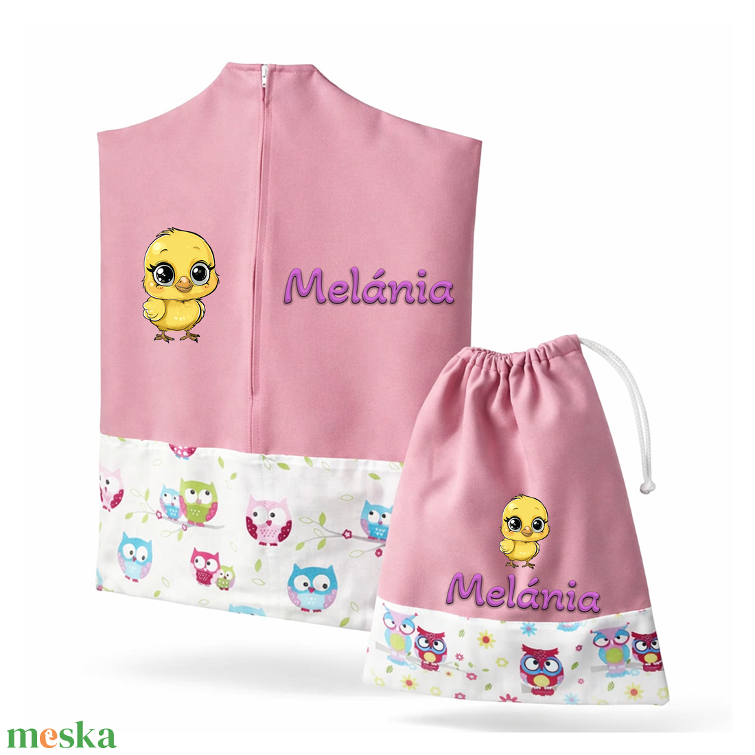 Ovis zsák + tornazsák szett névvel és jellel (rózsaszín + baglyos), ajándék szeretetküldővel - játék & sport - ovis felszerelés - ovis szett - Meska.hu