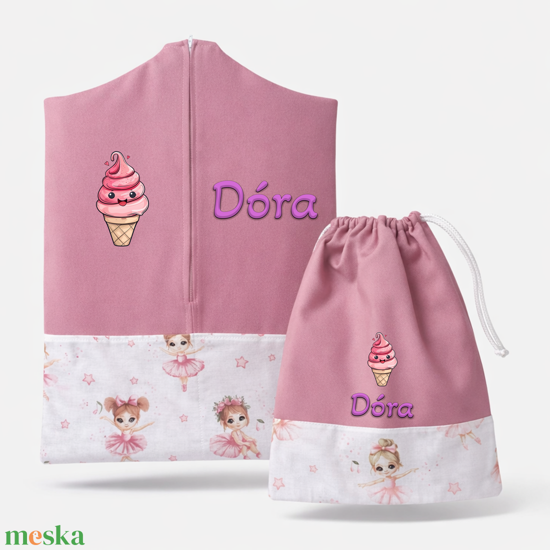 Ovis zsák + tornazsák szett névvel és jellel (rózsaszín + balerinás), ajándék szeretetküldővel - játék & sport - ovis felszerelés - ovis szett - Meska.hu