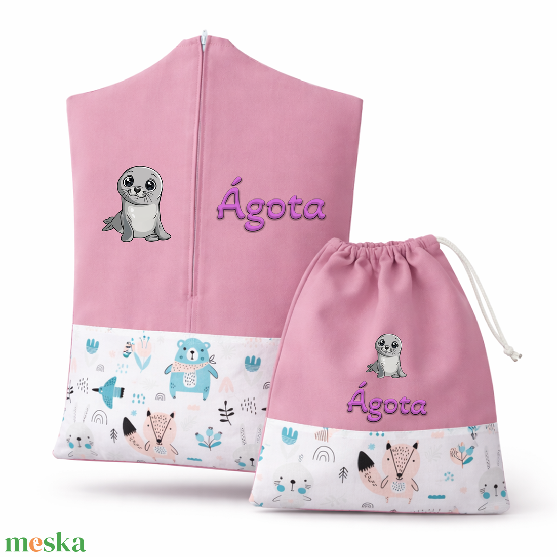 Ovis zsák + tornazsák szett névvel és jellel (rózsaszín + bébi állatkás), ajándék szeretetküldővel - játék & sport - ovis felszerelés - ovis szett - Meska.hu