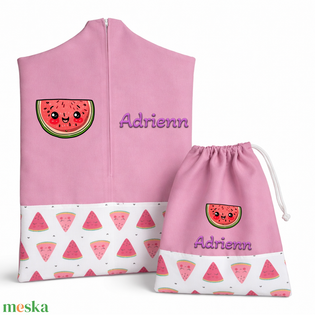 Ovis zsák + tornazsák szett névvel és jellel (rózsaszín + dinnyés), ajándék szeretetküldővel - játék & sport - ovis felszerelés - ovis szett - Meska.hu