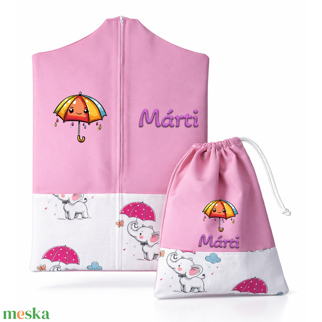 Ovis zsák + tornazsák szett névvel és jellel (rózsaszín + esernyős elefántos), ajándék szeretetküldővel - játék & sport - ovis felszerelés - ovis szett - Meska.hu