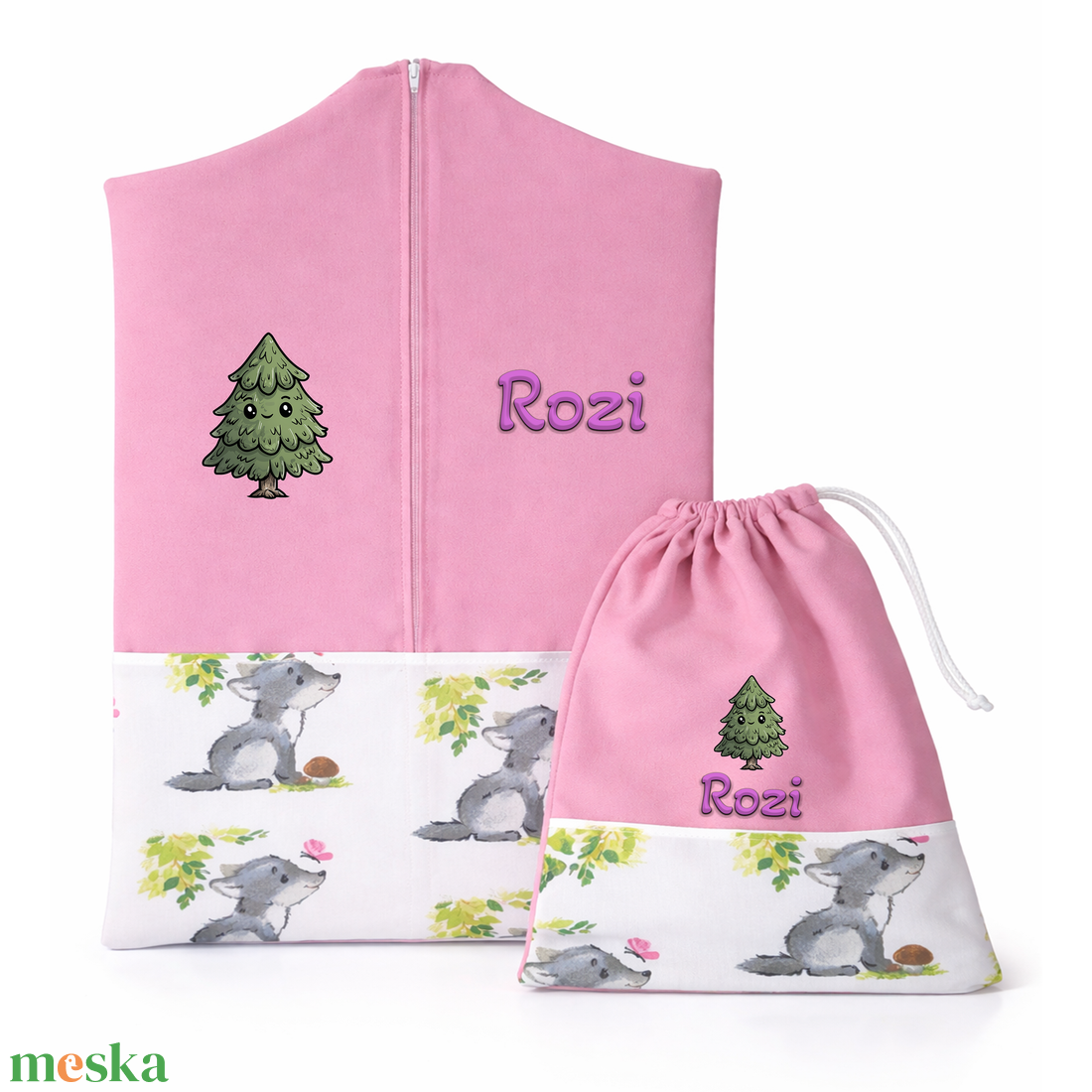 Ovis zsák + tornazsák szett névvel és jellel (rózsaszín + farkaskölykös), ajándék szeretetküldővel - játék & sport - ovis felszerelés - ovis szett - Meska.hu
