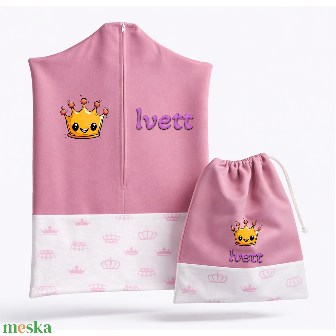 Ovis zsák + tornazsák szett névvel és jellel (rózsaszín + fehér alapon rózsaszín koronás), ajándék szeretetküldővel - játék & sport - ovis felszerelés - ovis szett - Meska.hu