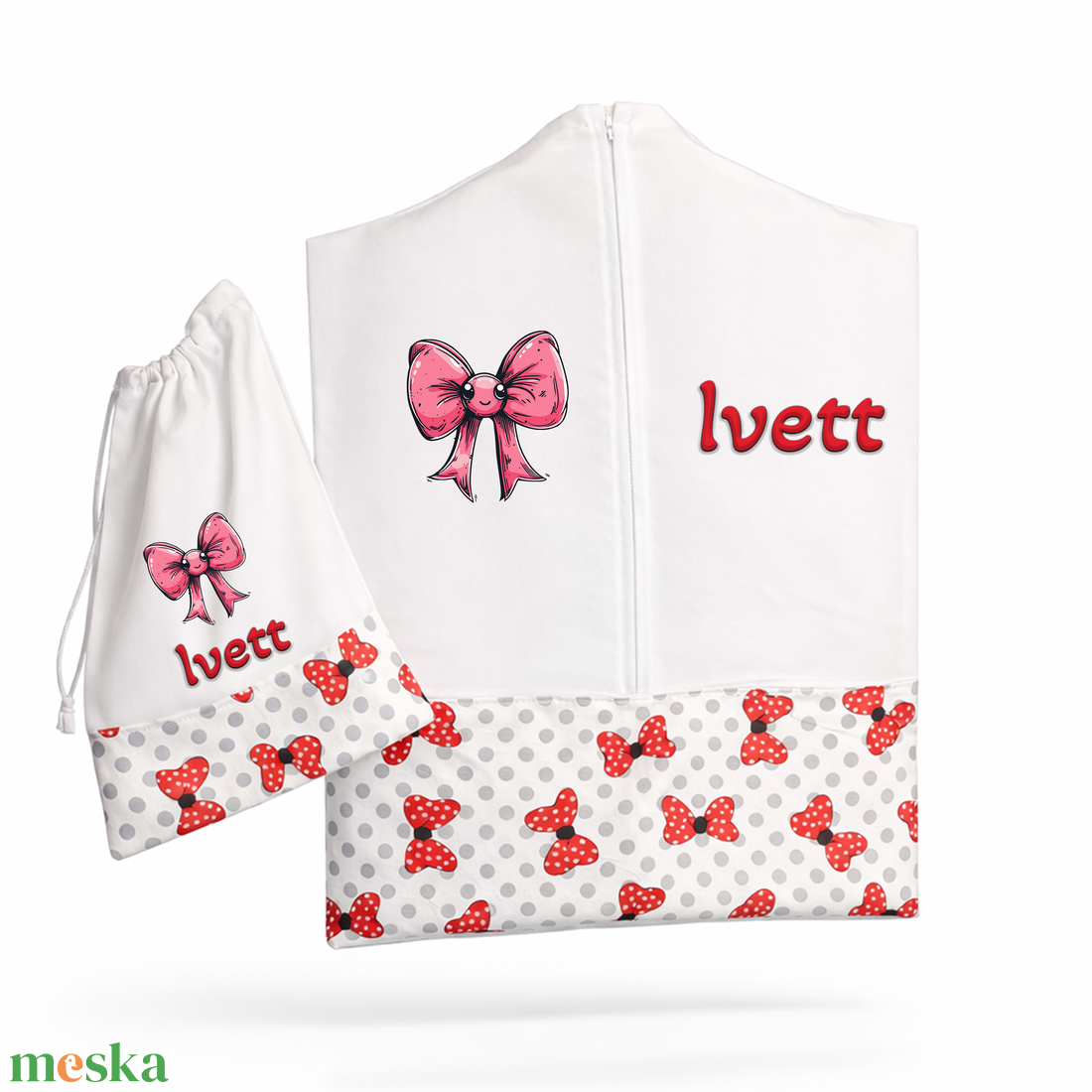 Ovis zsák + tornazsák szett névvel és jellel (fehér + piros-pöttyös masnis), ajándék szeretetküldővel - játék & sport - ovis felszerelés - ovis szett - Meska.hu