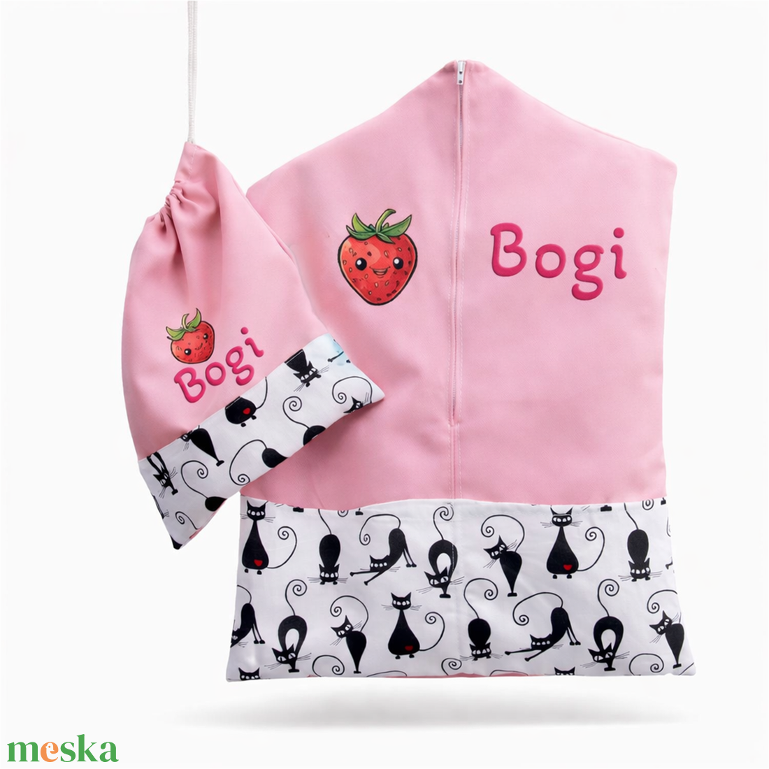 Ovis zsák + tornazsák szett névvel és jellel (rózsaszín + fekete cicás), ajándék szeretetküldővel - játék & sport - ovis felszerelés - ovis szett - Meska.hu