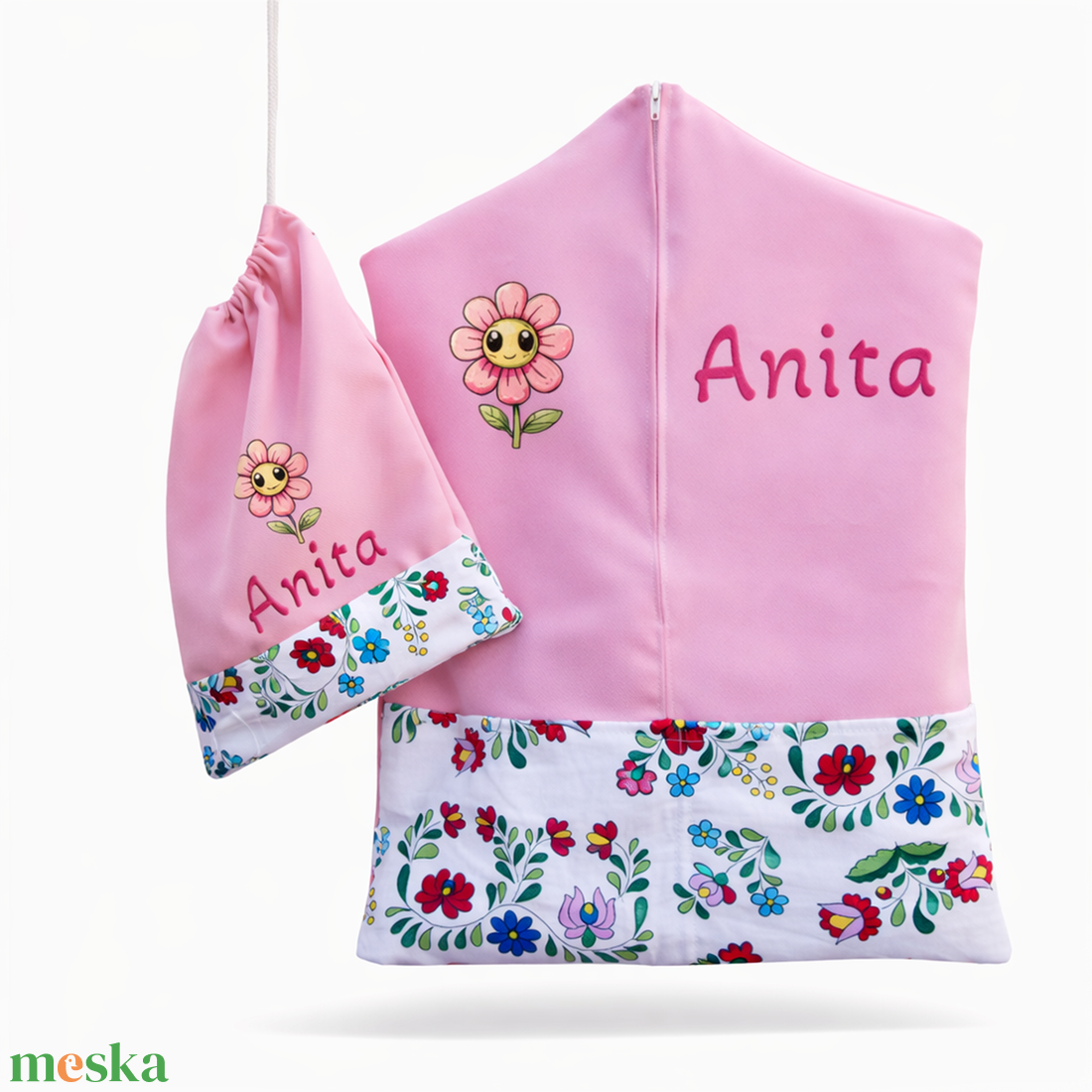 Ovis zsák + tornazsák szett névvel és jellel (rózsaszín + kalocsai), ajándék szeretetküldővel - játék & sport - ovis felszerelés - ovis szett - Meska.hu