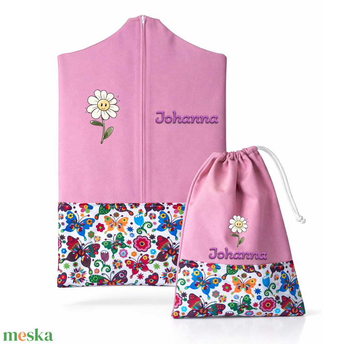 Ovis zsák + tornazsák szett névvel és jellel (rózsaszín + lepkés-virágos), ajándék szeretetküldővel - játék & sport - ovis felszerelés - ovis szett - Meska.hu