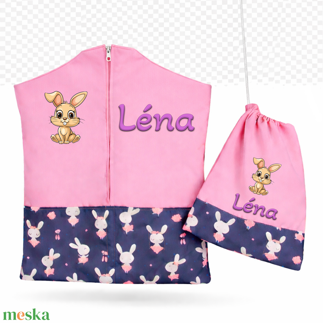 Ovis zsák + tornazsák szett névvel és jellel (rózsaszín + nyuszis), ajándék szeretetküldővel - játék & sport - ovis felszerelés - ovis szett - Meska.hu