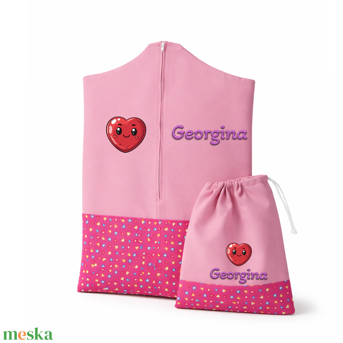 Ovis zsák + tornazsák szett névvel és jellel (rózsaszín + pink szívecskés), ajándék szeretetküldővel - játék & sport - ovis felszerelés - ovis szett - Meska.hu